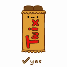 hand-drawn open twix moving side to side with the word yes written underneath with a check mark next to the word