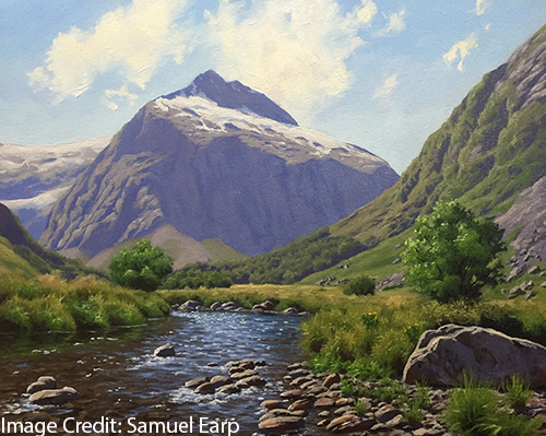 Painting of a mountainous landscape