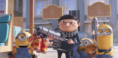 Image of young Gru with Kevin, Bob, and Stuart.