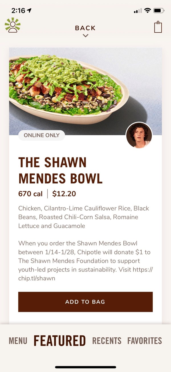 Photo of Shawn Mendes chipotle bowl