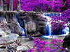 blue waterfall onn= rocks with purple trees