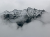 grey mountain top in the fog with light grey background