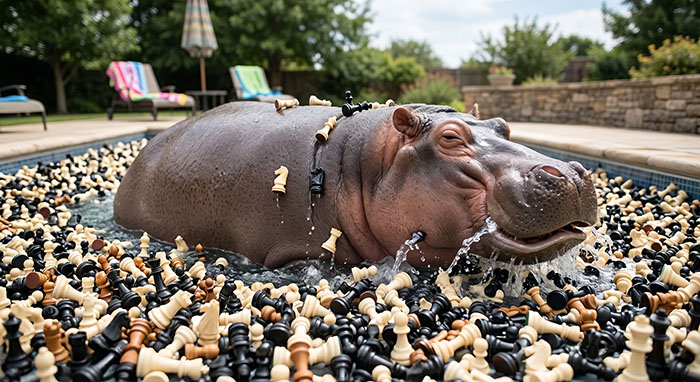 Hippo swimming in a pool full of chess pieces