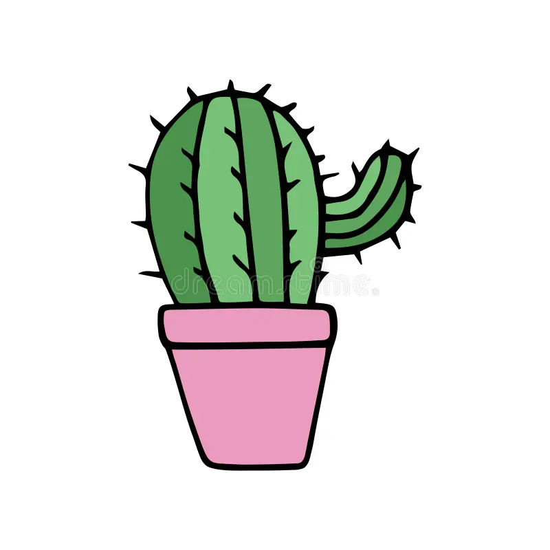 Small cactus in a flower pot, hand drawn
