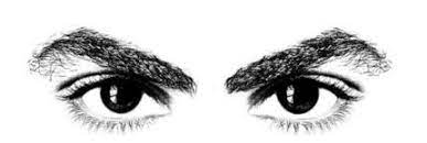 A pair of eyes looking over the page