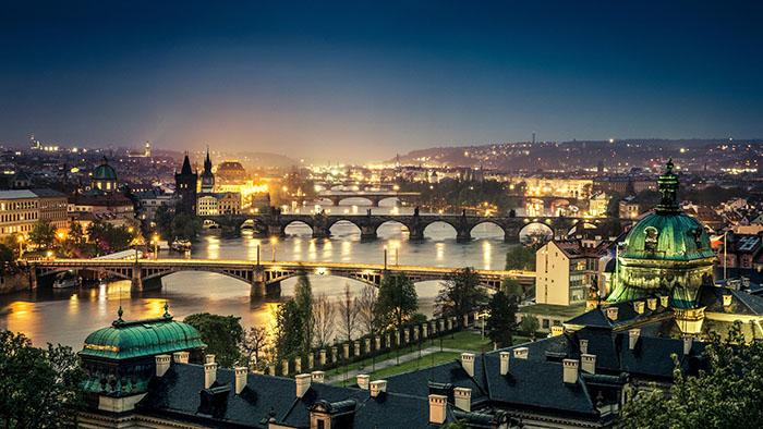 Beautiful view of Prague bridges and rivers at night