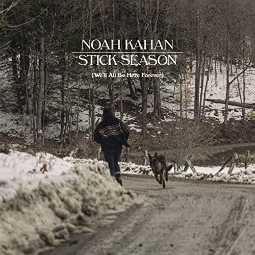 image of man with back to camera and is running away with a dog on a dirt road in the woods, album cover