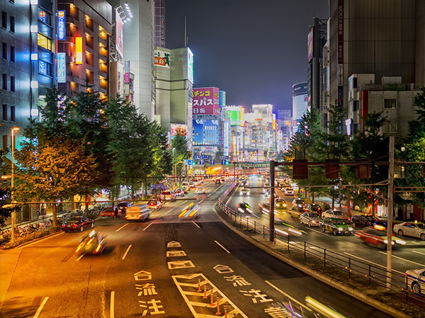 Bright Japanese city at night time
