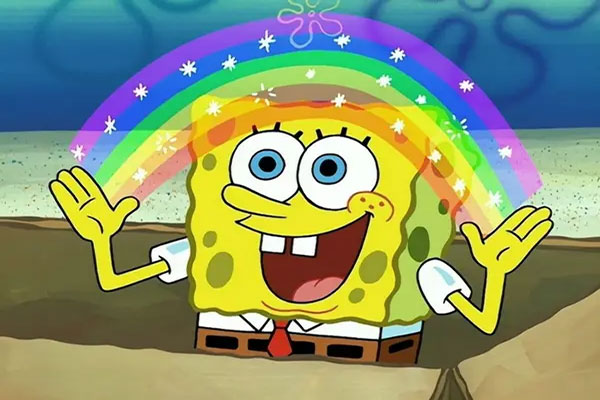 Sponegbob with his hands up creating a ranbow over his head