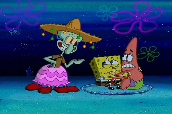 Squidward dressed ridicously and squirdward and patrick sitting in a circle scared