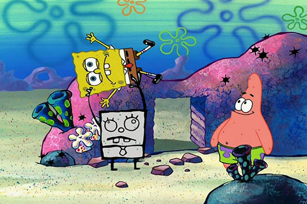 A doodle of Spongebob picking up the real Spongebob with Patrick standing to the side