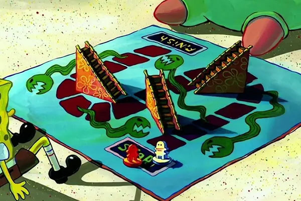 Sponegbob and Patrick sitting at a gameboard
