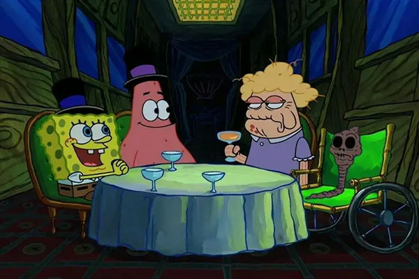 Spongebob and Patrick wiht two old ladies in a fancy restaurant