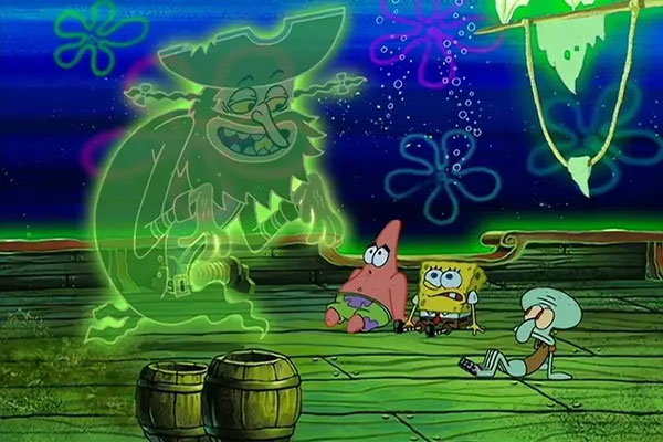 Spongebob, Patrick, and Squidward on the Ghost ship of the FLying Dutchman