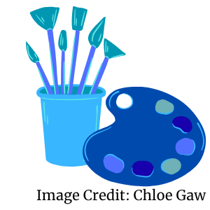 Blue cup of paint brushes and blue paint pallet with image credit to Chloe Gaw