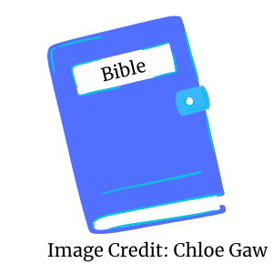 Blue book with Bible written on it with image credit to Chloe Gaw