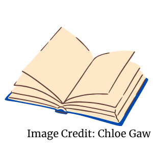 Blue, open book with image credit to Chloe Gaw