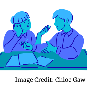 Blue people taking over a pile of papers with image credit to Chloe Gaw
