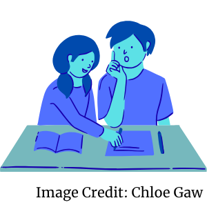 Two blue people at a desk studying with image credit to Chloe Gaw